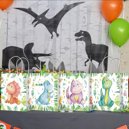 12Pcs Dinosaur Gift Treat Bags with Handles Dinosaur Theme Paper Tote Bags for Dinosaur Baby Shower Birthday Party Decorations Dino Roar Party Supplies