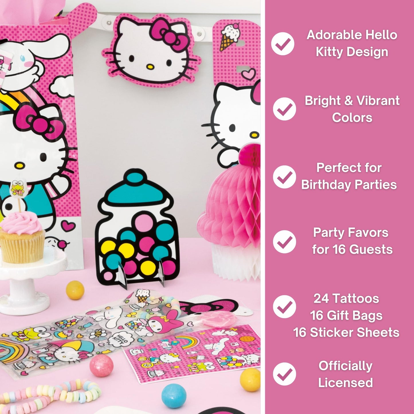 Unique Hello Kitty Party Favors - 16 Goodie Bags with 16 Sticker Sheets, 24 Tattoos, Checklist - Hello Kitty Birthday Decorations - Officially Licensed