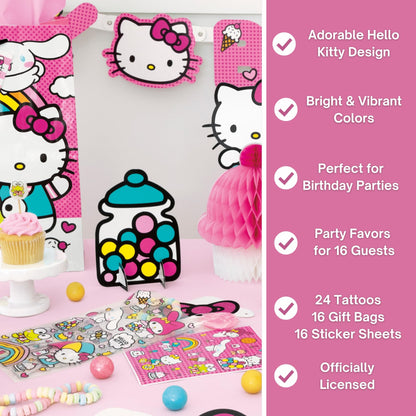 Unique Hello Kitty Party Favors - 16 Goodie Bags with 16 Sticker Sheets, 24 Tattoos, Checklist - Hello Kitty Birthday Decorations - Officially Licensed