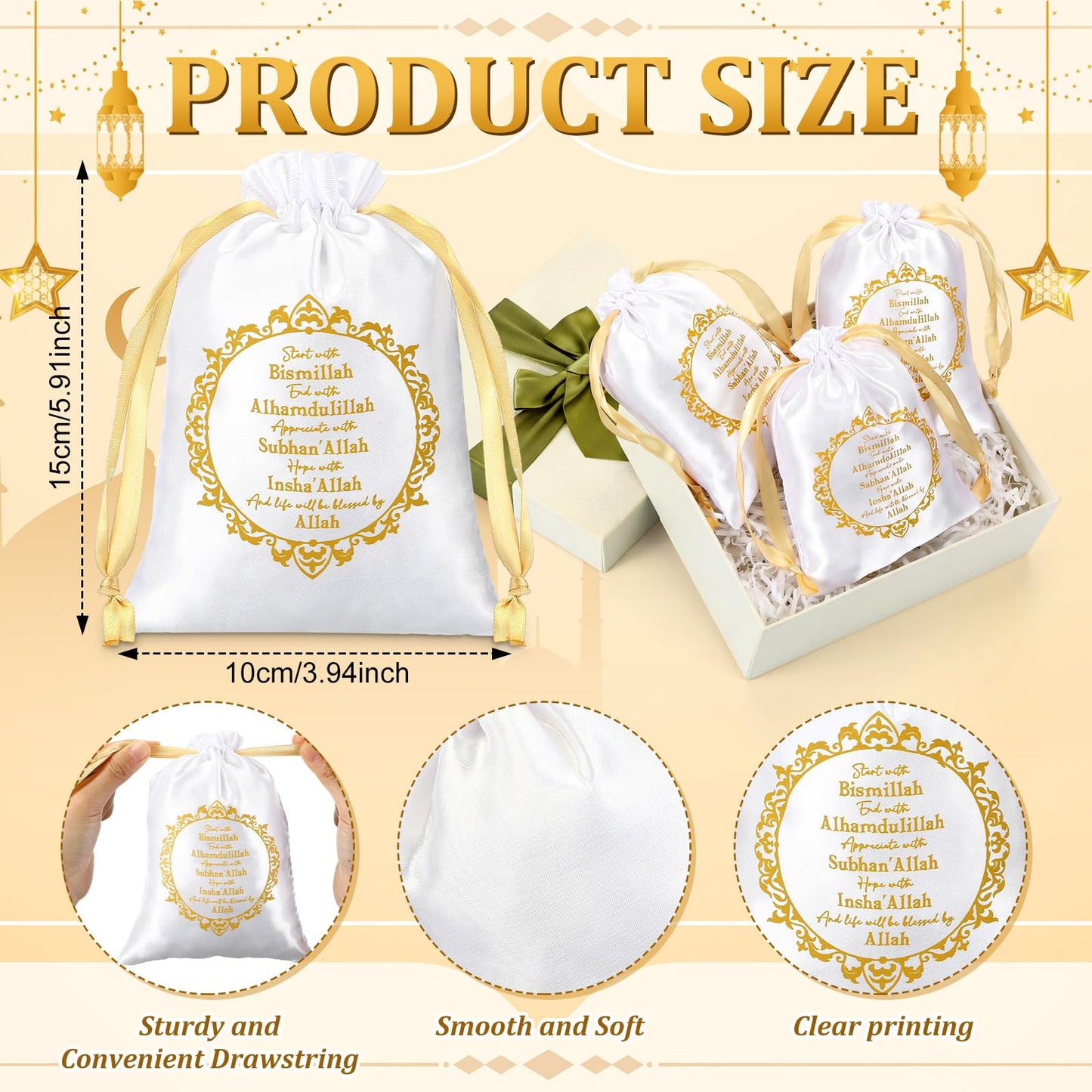 SATINIOR 36 Pcs Eid Ramadan Mubarak Satin Gift Bags 5 x 7 Inch Drawstring Eid Party Favor Silk Bags Mubarak Jewelry Pouch for Islamic Ramadan Gift Supplies Candy Bag Muslim Party Decoration