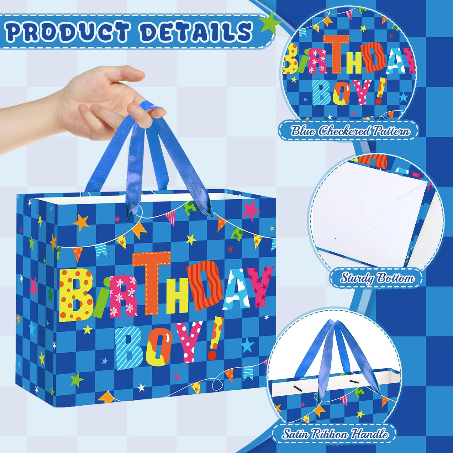 Innovoscape Blue Birthday Gift Bag for Boys Birthday Favor Bag with Tissue Paper and Card Colorful Happy Birthday Bag for Kids Boys Birthday Party Baby Shower