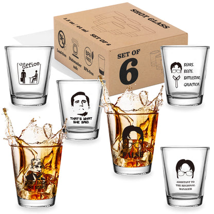 6 PCS The Office Merchandise Shot Glasses Set, 1.5 oz The Office Merch Clear Shot Glass Cups with Heavy Base, Funny Gifts for Men, Women or TV Show Fans
