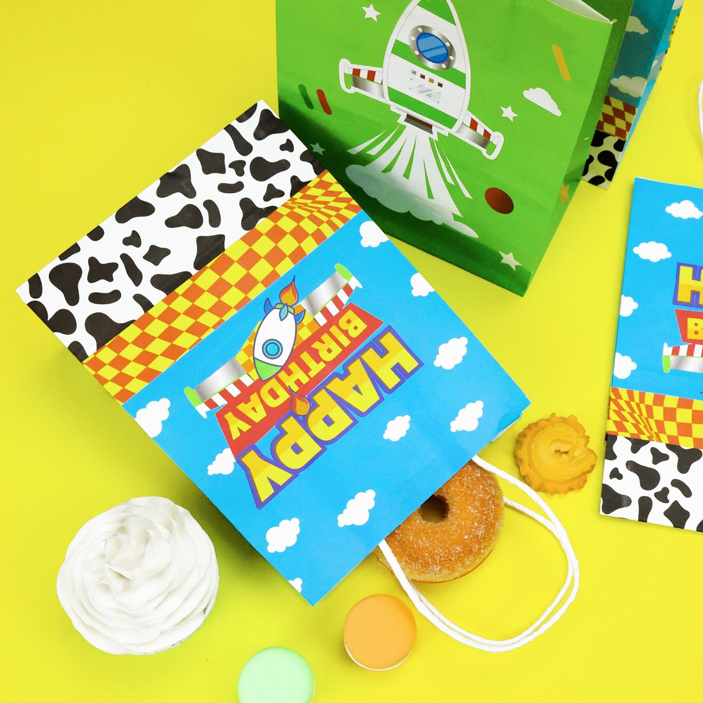 CHENRINDECO Cartoon Story Gift Bags 24PCS Cow Pattern Birthday Party Favor Bags Blue Sky White Cloud Paper Bags with Handle for Cartoon Story Themed Birthday Party Supplies
