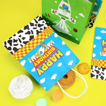 CHENRINDECO Cartoon Story Gift Bags 24PCS Cow Pattern Birthday Party Favor Bags Blue Sky White Cloud Paper Bags with Handle for Cartoon Story Themed Birthday Party Supplies