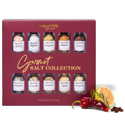 Thoughtfully Gourmet, Gourmet Cooking Salt Sampler Gift Set, Gourmet Seasoning Salts In Glass Bottles, Flavors Include Smoked, Lavender, Rosemary, Truffle, Lemon, Chipotle and More, Set of 10