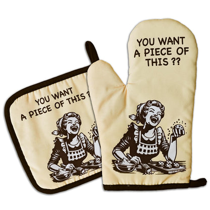Funny Oven Mitts and Pot Holders（Set of 2）You Want A Piece of This Heat Resistant Mitts Retro Housewife Silicone Non-Slip Oven Mitts Novelty Kitchen Baking Gift for Women Hostess Bake Lover
