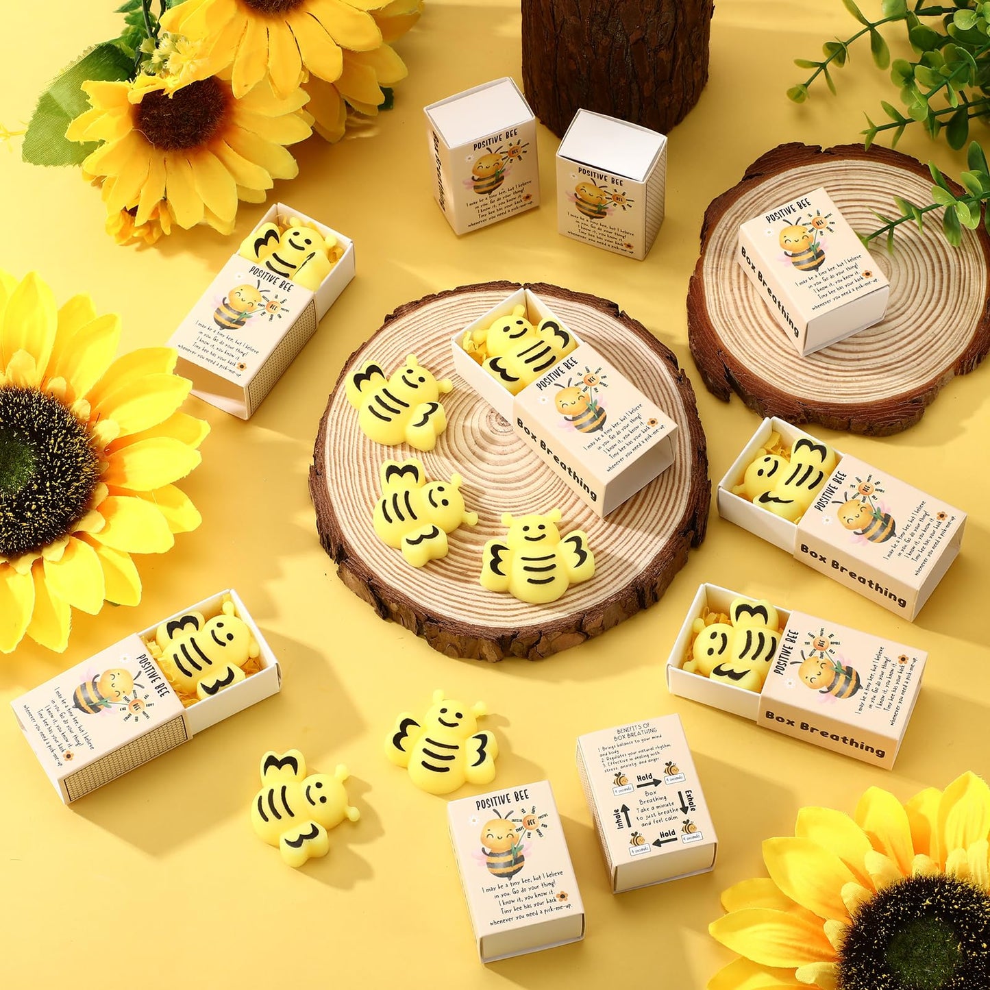Wettarn 12 Sets Bee Gifts Positive Stress Balls with Support Boxes Bulk Party Favors for Employee Coworker Friends Office Classroom Rewards Cute Inspirational Relief Toys Yellow Desk Decor