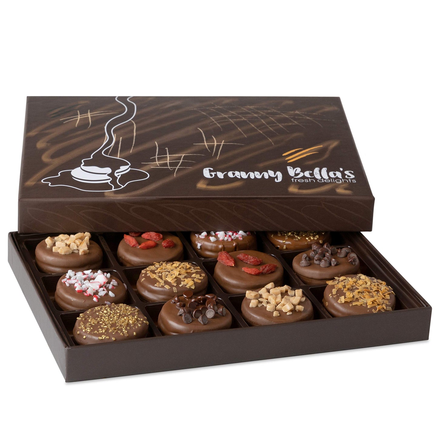 Granny Bellas Mothers Day 12 Chocolate Covered Cookies, Gift Basket for Him, Her Gourmet Candy Spring Baskets Treats Gifts Box for Food Delivery for Mother, Mom, Wife, Grandmother, Grandma, Daughter, Sister