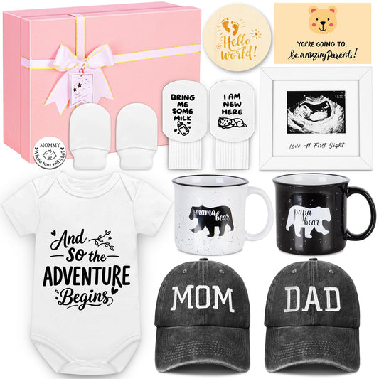 New Parents Gifts for Couples, First Time Mom & Dad Baby Gift Basket with Decision Coin, Ultrasound Frame, Caps, Gender Reveal Present, Expecting Parents, Pregnancy Announcement, Congrats