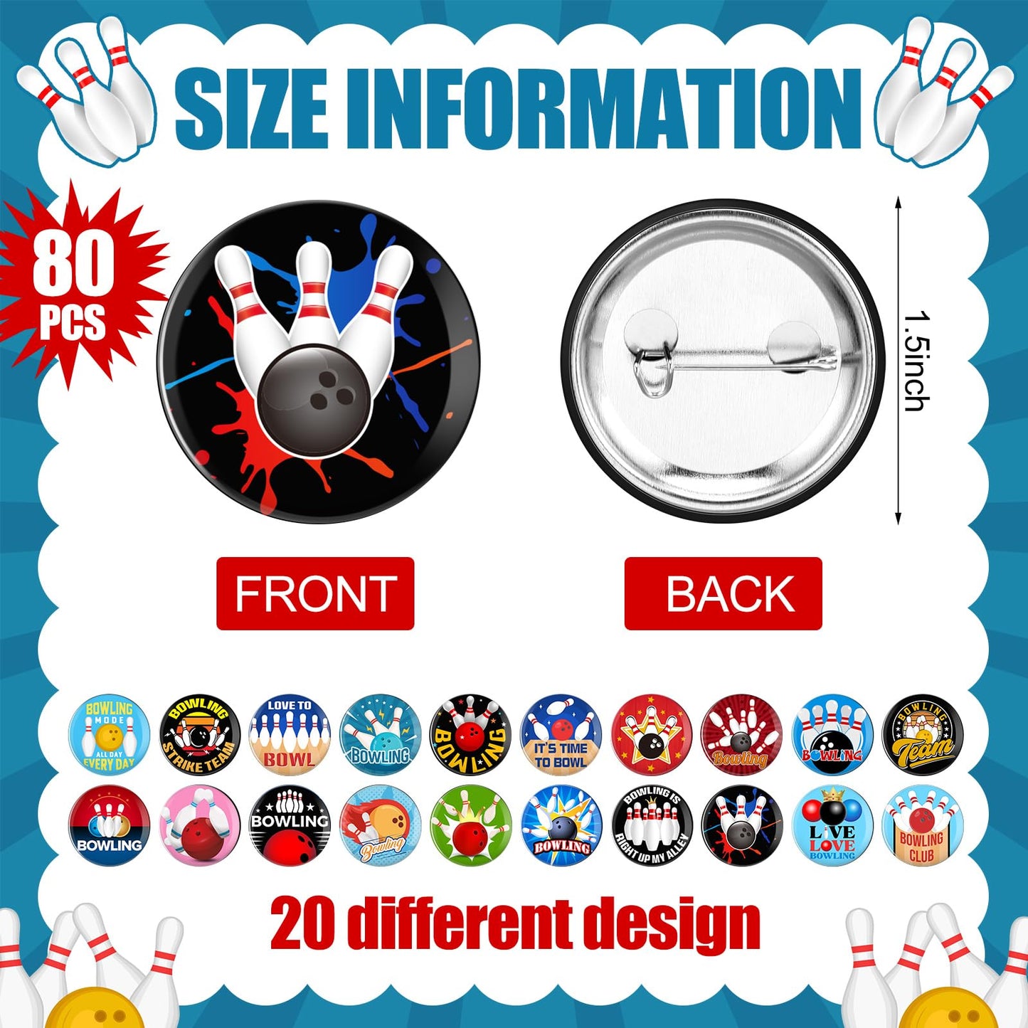 Huquary 80 Pcs Bowling Buttons Pins Funny Sport Graduation Gifts Brooch Lapel Pins for Jacket Backpacks Tote Bags Hats Bowling Lovers Souvenirs Accessories Gifts for Team Awards Prizes Women Men