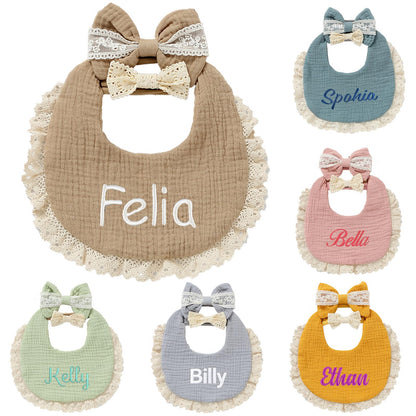 Personalized Muslin Baby Bibs Set with Name,Custom Soft Cotton Drool Bibs for Baby Girl,Teething Drooling Adjustable Bib for Newborn Toddler,Cute Bibs&Bows Gifts for Baby Shower, Birthday, Christmas