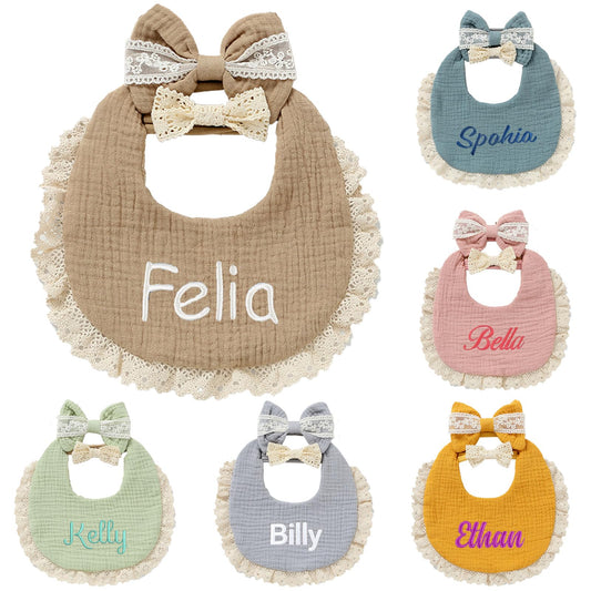 Personalized Muslin Baby Bibs Set with Name,Custom Soft Cotton Drool Bibs for Baby Girl,Teething Drooling Adjustable Bib for Newborn Toddler,Cute Bibs&Bows Gifts for Baby Shower, Birthday, Christmas