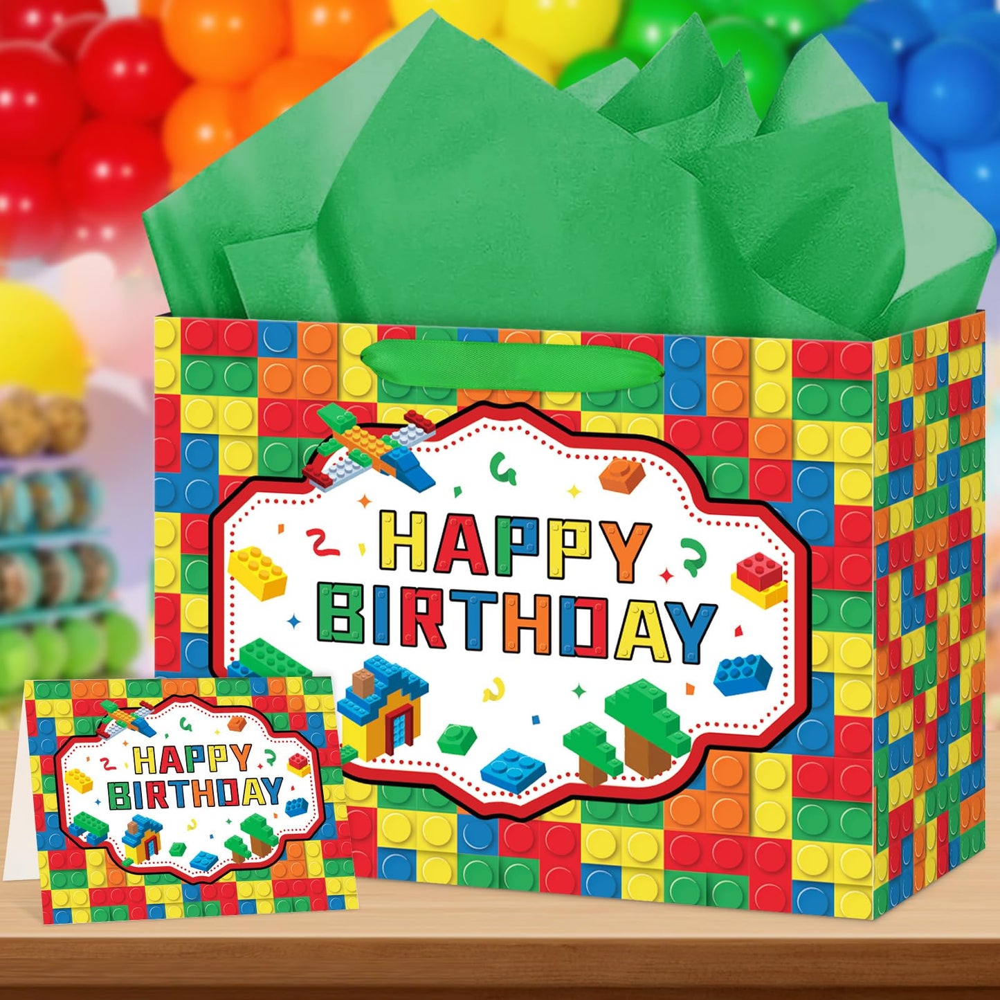 Abilat Building Blocks Birthday Gift Bag with Tissue Paper and Greeting Card Large Happy Birthday Gift Wrapping Bag for Kids Boys Girls Bricks Theme Party Decorations Supplies