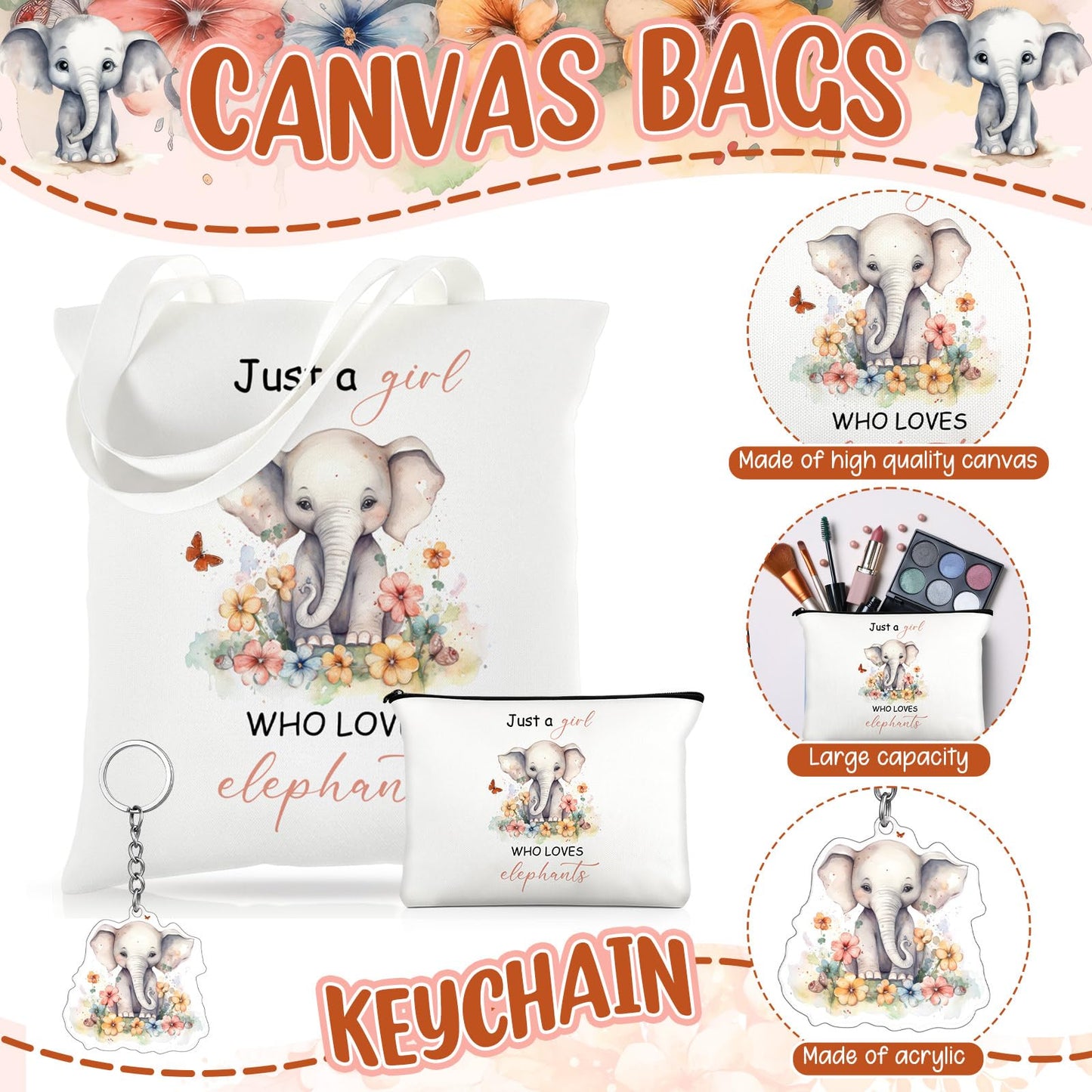 Kinlop 5 Pcs Elephant Pattern Gifts for Women Include Just a Girl Who Loves Elephants Tote Bag Canvas Cosmetic Bag Coil Notebook Keychain and Ballpoint Pen for Women Girls