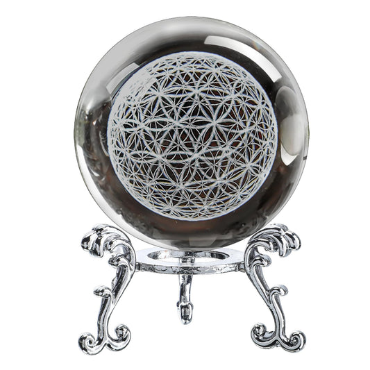 H&D HYALINE & DORA 3D Laser Engraved Flower of Life Crystal Ball Paperweight with Stand,Chakra Healing Grid Flower Globe for Spiritual Decor Gift