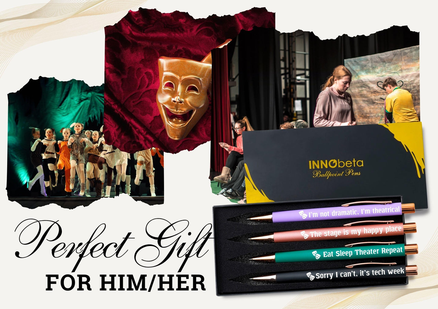 InnoBeta Theater Gifts for Women Men, Ballpoint Pen Set of 4 with Quotes, Musical Broadway Theatre Lover Gift for Friends, Actors