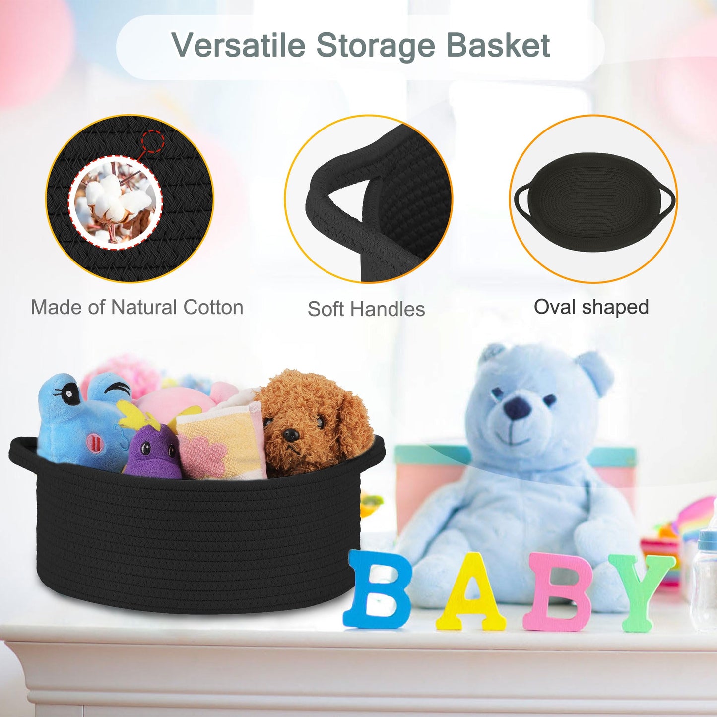 COMSE Small Woven Basket with Gift Bags and Ribbons, Gift Basket Empty, Cotton Rope Storage Organizer, Baby Toy Box with Handles, 12" x 8" x 5", Black
