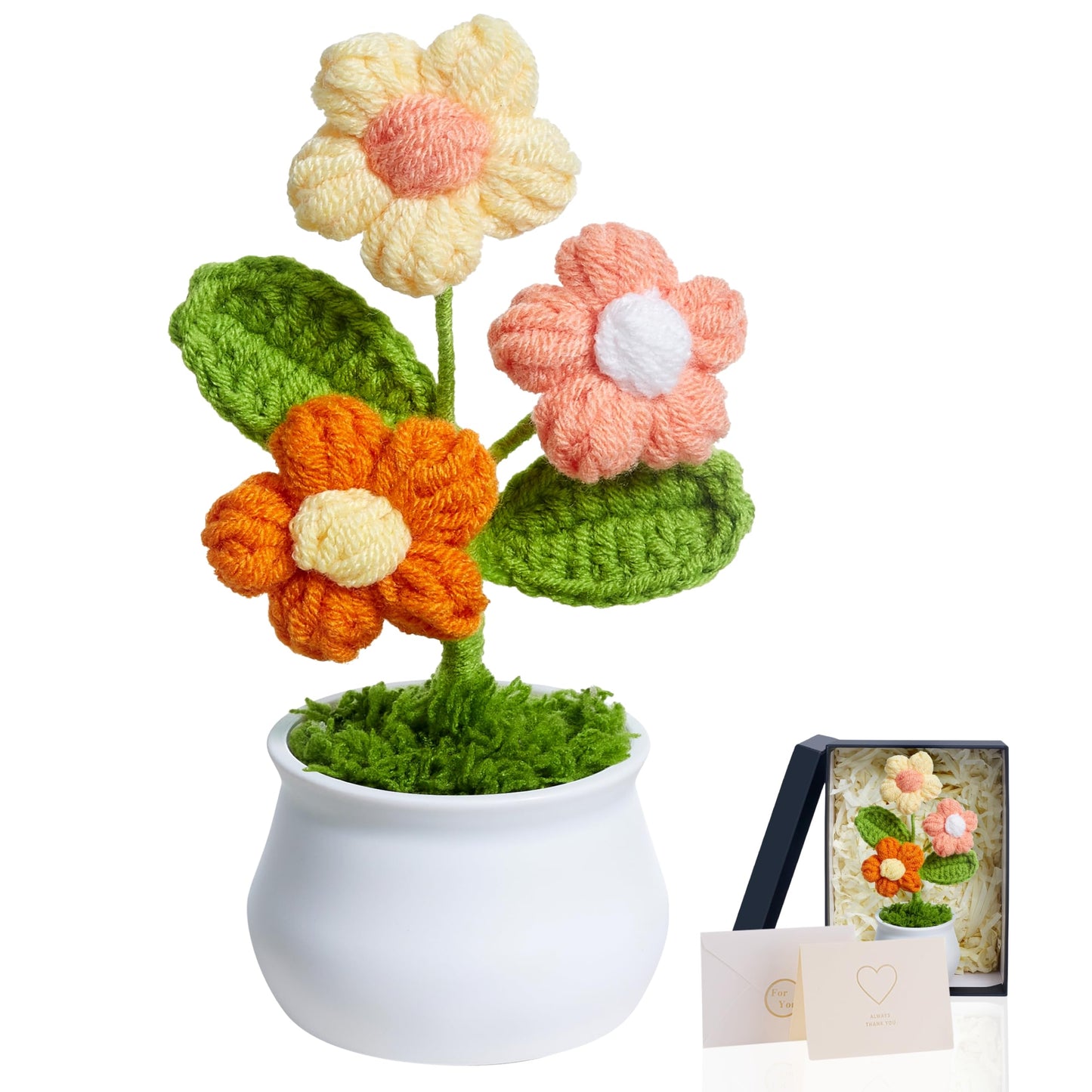 LAIDANLA Orange Crochet Puff Flowers Potted Plants, Small Handmade Crochet Flower Graduation Appreciation Birthday Gifts for Women Teacher Coworker Mom Friend Knitted Flower for Desk