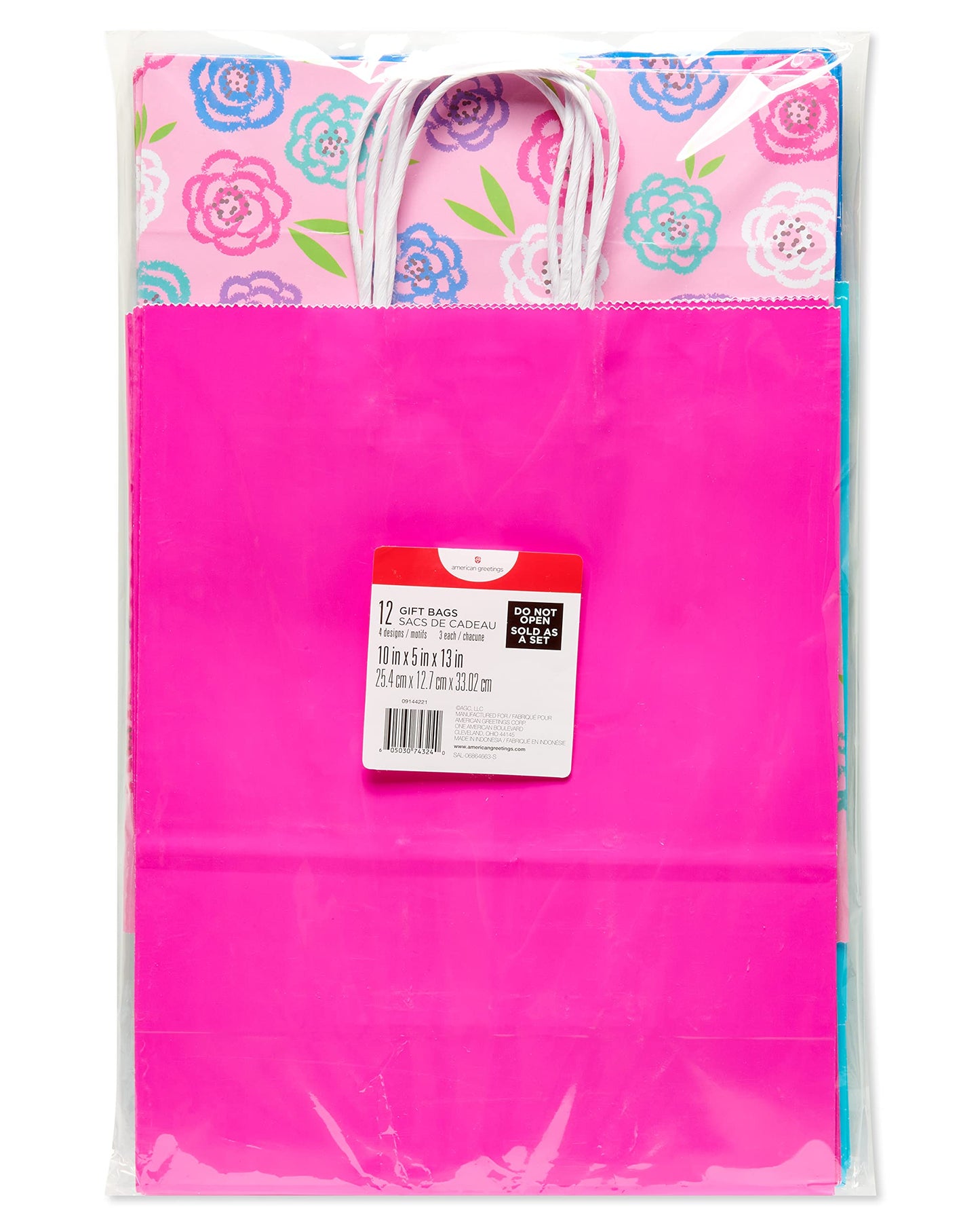 American Greetings 13" 12-Count Large Gift Bags, Pink and Blue Patterns