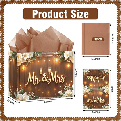 Wedding Gift Bags Mr and Mrs Engagement Gift Bags Elegant Bridal Shower Gifts Bag With Tissue Paper Greeting Card Wedding Wrapping Paper Party Favor Bag for Mr&Mrs Engagement Party Supplies Decor