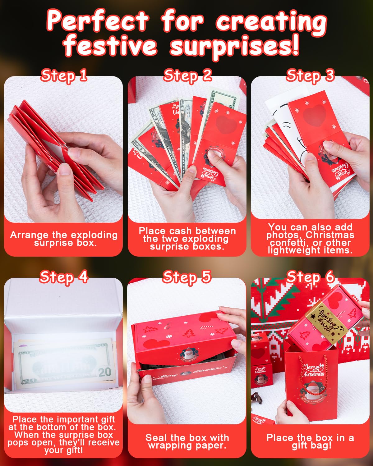 ASSRECT 2 pcs Exploding Gift Box - Christmas Surprise Box Pop Up with 24 Money Holders, Reusable Party Gift Box for Cash, Gifts, Xmas, Birthday, Party Supplies (Red+Green)