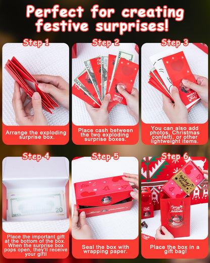 ASSRECT 2 pcs Exploding Gift Box - Christmas Surprise Box Pop Up with 24 Money Holders, Reusable Party Gift Box for Cash, Gifts, Xmas, Birthday, Party Supplies (Red+Green)