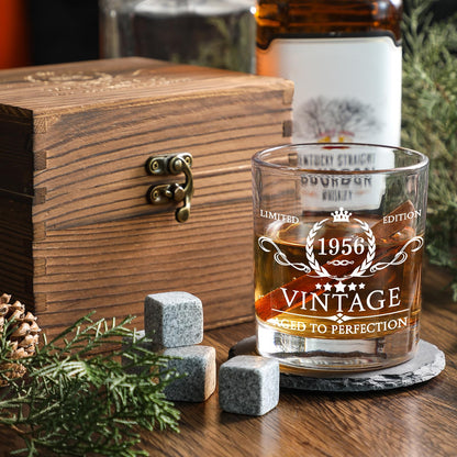 70th Birthday Gifts for Men Whiskey Glass Set - 70th Birthday Decorations, Party Supplies - 70 Years Anniversary, Bday Gifts Ideas for Him, Dad, Husband, Friends - Wood Box & Whiskey Stones & Coaster