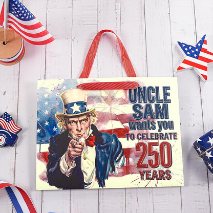 Loveinside 13" Large 250 Years Patriotic Gift Bag, Uncle Sam Red White Blue Design Gift Bag with Tissue Paper for 4th of July, America 250th Anniversary Celebration, 13" x 5" x 10", 1 Pcs