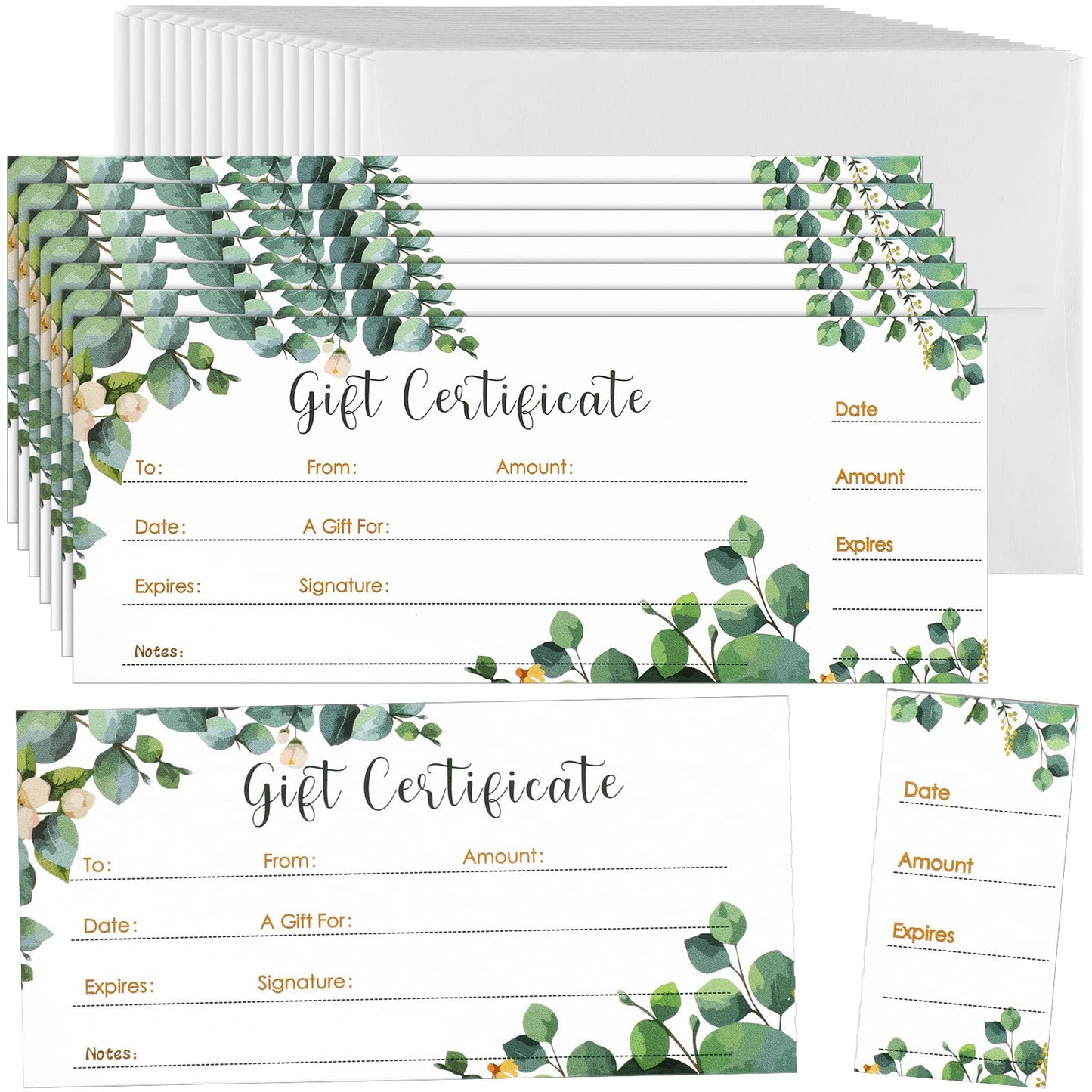 Nuanchu 100 Sets Gift Certificates for Business Christmas Blank Gift Certificate Cards Vouchers Coupon Card with 100 Envelopes for Salon Spa Restaurants Birthday, 4.7 x 2.4 in(Green,Eucalyptus)
