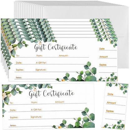 Nuanchu 100 Sets Gift Certificates for Business Christmas Blank Gift Certificate Cards Vouchers Coupon Card with 100 Envelopes for Salon Spa Restaurants Birthday, 4.7 x 2.4 in(Green,Eucalyptus)