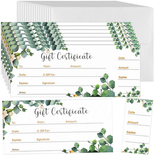 Nuanchu 100 Sets Gift Certificates for Business Christmas Blank Gift Certificate Cards Vouchers Coupon Card with 100 Envelopes for Salon Spa Restaurants Birthday, 4.7 x 2.4 in(Green,Eucalyptus)
