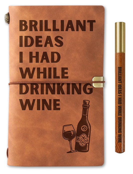 InnoBeta Wine gifts Leather Journal Notebook with Pen, for Wine Lovers, Men, Women on Birthday, Refillable Sketchbook, Travel Diary, Lined Planner, 7x5 Inches, Brown
