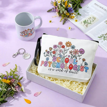 Havawish 3 Pcs School Psychologist Gifts for Women Wildflower Cosmetic Bag Makeup Bag Ceramic Coffee Mug and Keychain Psychology Major Gifts for School Psychologists