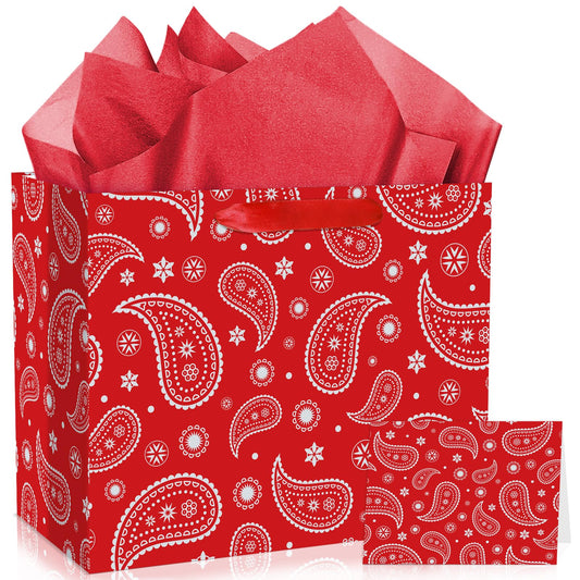TagreSpike Large Western Gift Bags Red Bandana Print Gift Bag with Bandana Wrapping Paper Card Western Party Treat Bag Candy Bag Paisley Gift Bag for Cowboy Cowgirl Birthday Party Decor