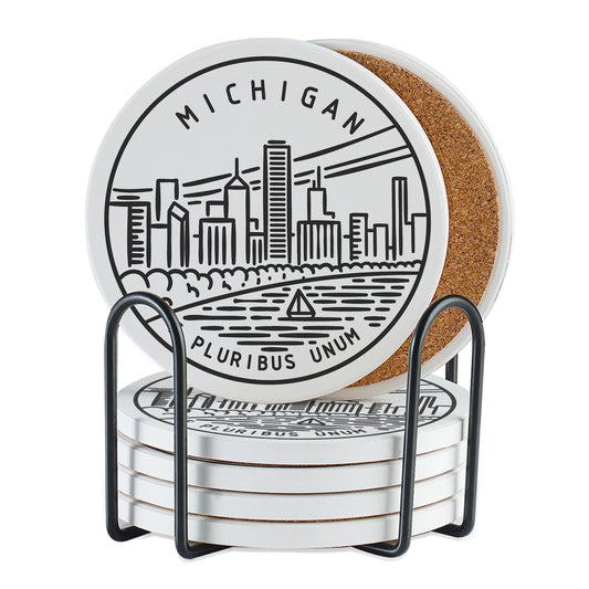 Onebttl Michigan Gifts Coasters Set of 6 with Holder - State Souvenir Housewarming Home Decor - Moving Away Homesick Gift for Women Men