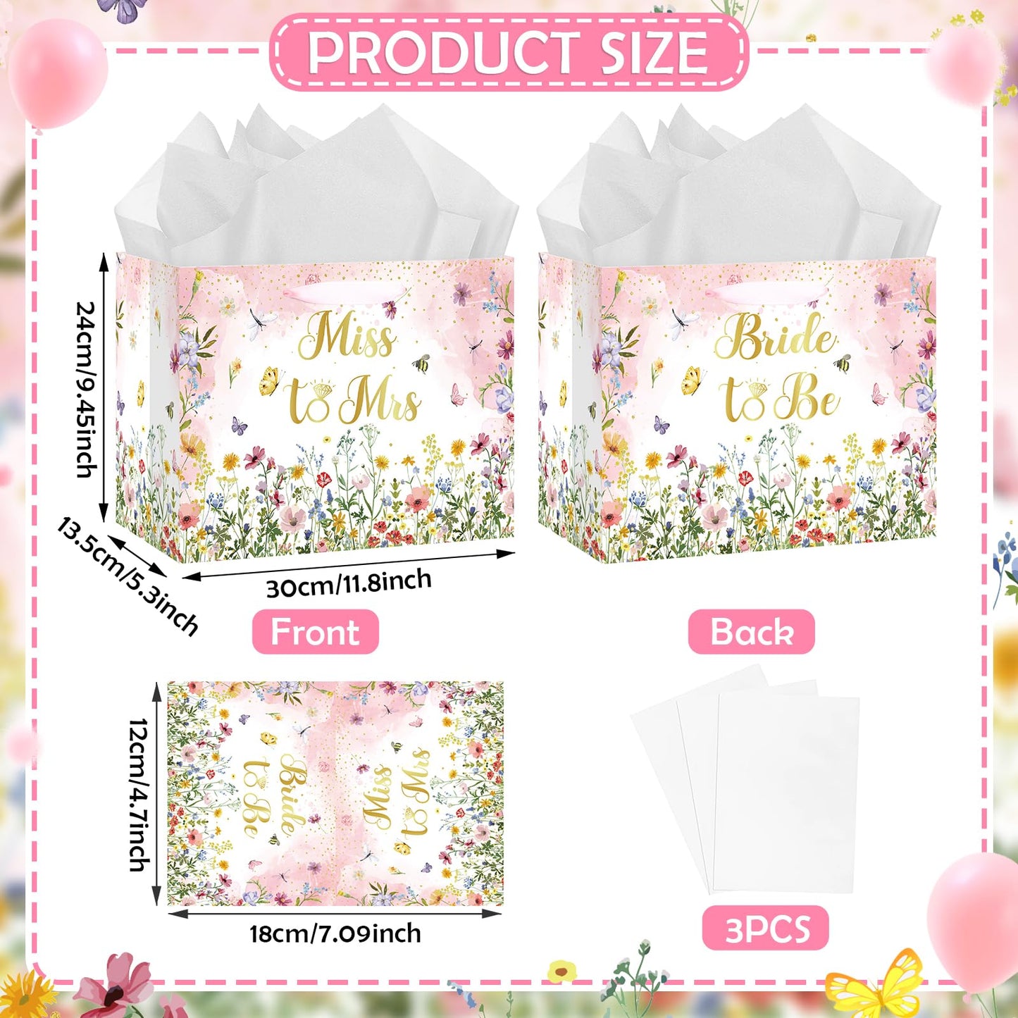 Bridal Shower Gift Bag Wedding Miss to Mrs Gifts Bag with Tissue and Card Bridal Shower Gift Wrapping Paper Bag Floral Wedding Gift Bags Bride Engagement Bachelorette Party Bag Bride to Be Gifts