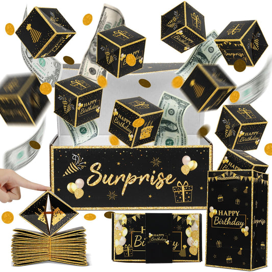 Jacyan Birthday Surprise Gift Box Explosion for Money, Exploding Money Gift Box for Cash Pop up Birthday Money Explosion Box Surprise Party Gift 12 Folding Bounce Boxes for Men Women Kids, Black Gold