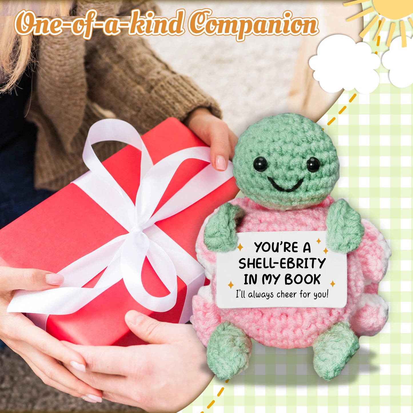HEXMOZ Cheer Up, Encouragement, Appreciation, Congratulations Gift for Women Men Coworkers Friends - Emotional Support & Positive Gift for Birthday, Christmas - Handmade Collectible Turtle Peony Doll