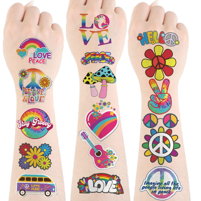Fovths 144 Pcs Hippie Temporary Tattoos Assorted Groovy Love & Peace Signs Waterproof Stickers for Hippie Themed Parties & Costume Festival Favors