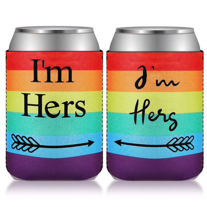 3 Pcs Lesbian Engagement Gift Lesbian Couple Wedding Present Idea Rainbow Neoprene Can Coolers Sleeves with Pink Velvet Bags for Gay LGBT Wedding Bachelorette Engagement Party Decorations