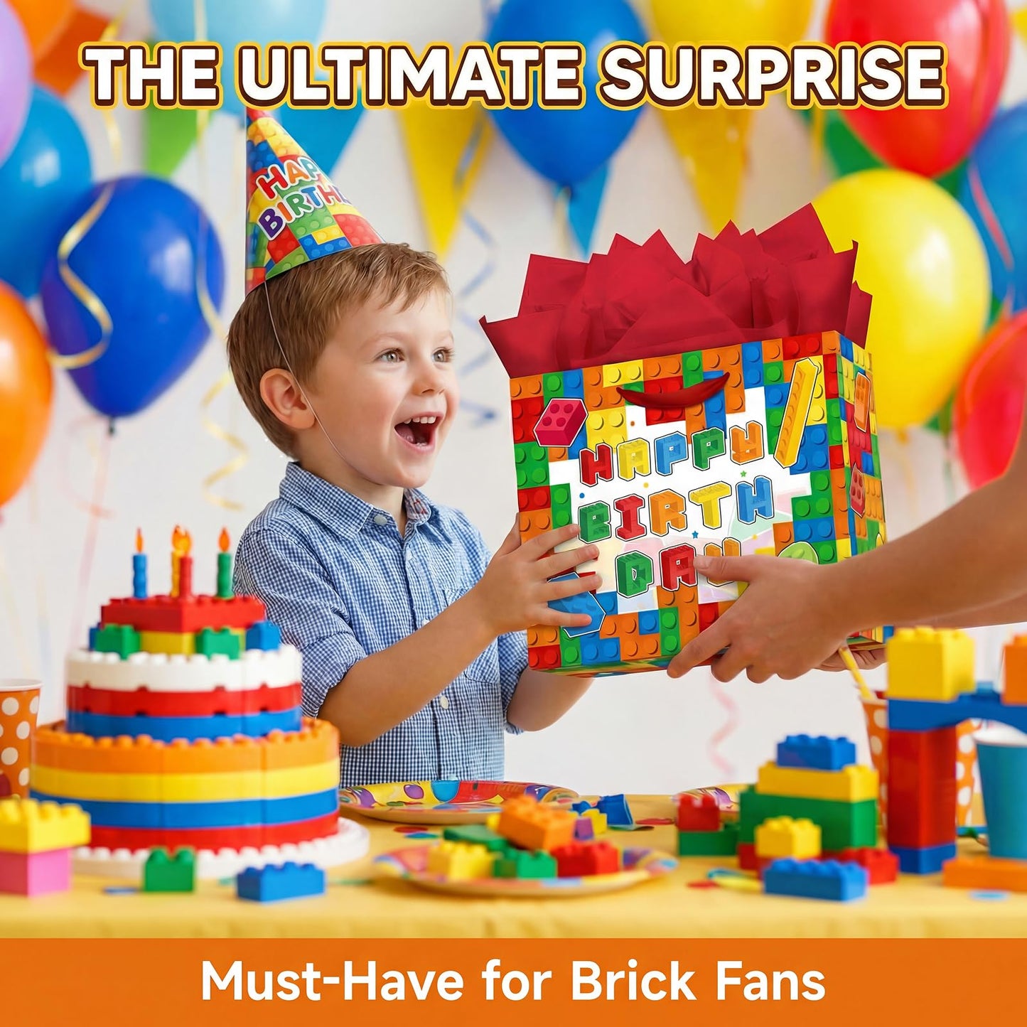Elunpoe Building Brick Birthday Gift Bag Set with Matching Card & Red Tissue Paper, Colorful Block-Themed Happy Birthday Present Bag for Kids Boys Girls, School Favors, Party Gift Wrap Supplies, 13" x 4.9" x 10.2"