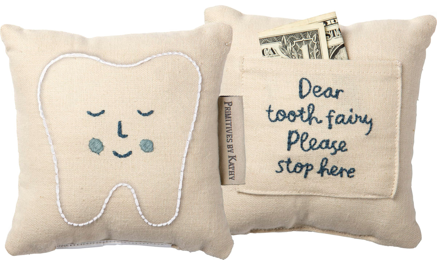 Primitives by Kathy Dear Tooth Fairy Stop Here Mini Tooth Pillow, 5x5-Inch, Cotton Blend, Blue Embroidered Keepsake with Storage Pocket and Tooth Design on Front