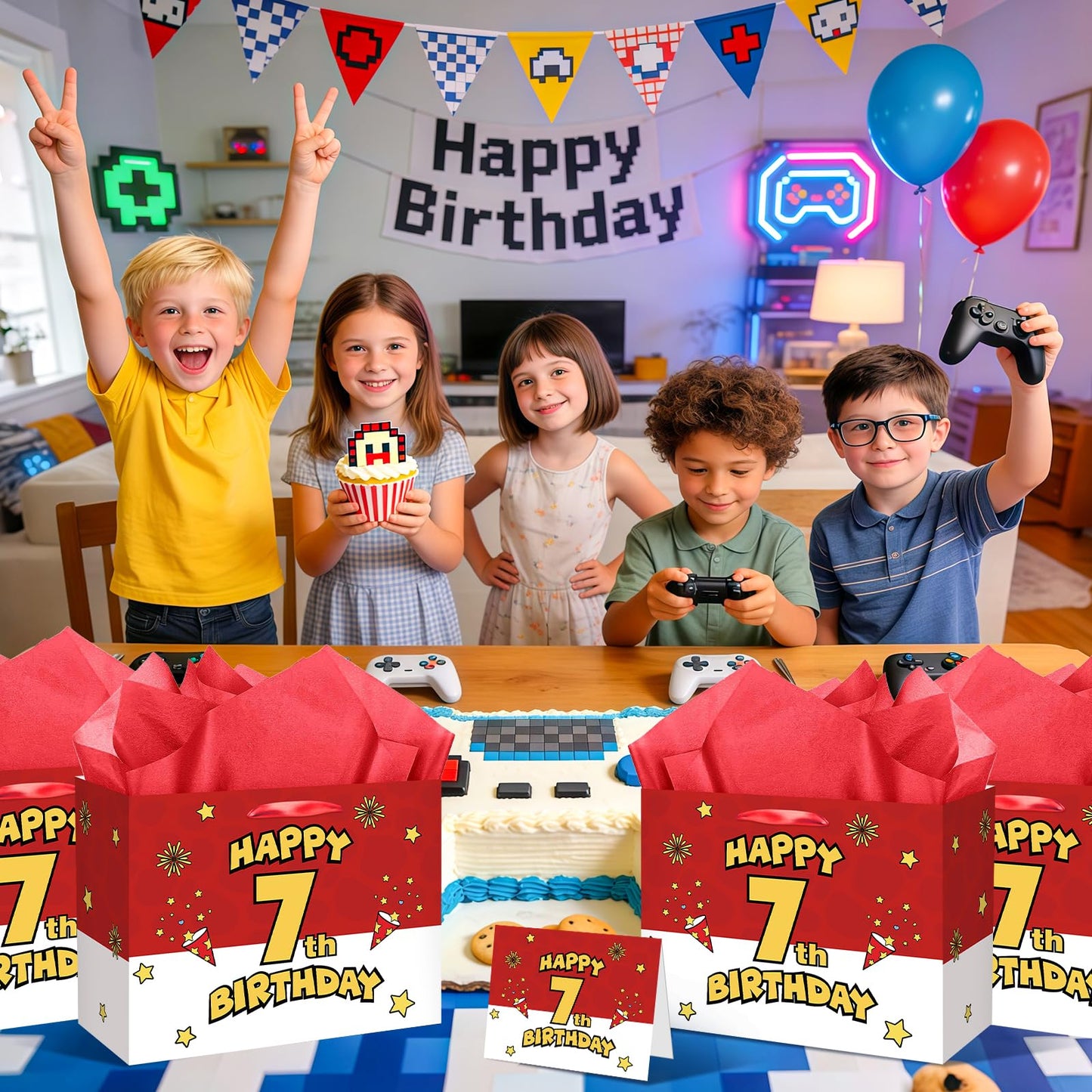 7th Birthday Gift Bag for Boys Red and White Comic Style Wrapping Paper Bag with 3 Sheets Tissue Paper Greeting Card for 7 Year Old Kids Birthday Party Decorations Gamer Themed Party Supplies