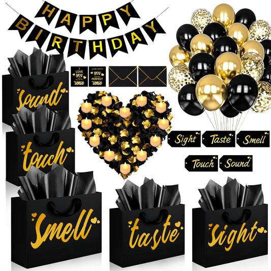 5 Senses Gift Bags for Him with Labels - Five Senses Birthday Party Decorations,Tissue Paper Rose Petals and Happy Birthday Banner Balloons for Husband Boyfriend Party Decor(Gold Black)
