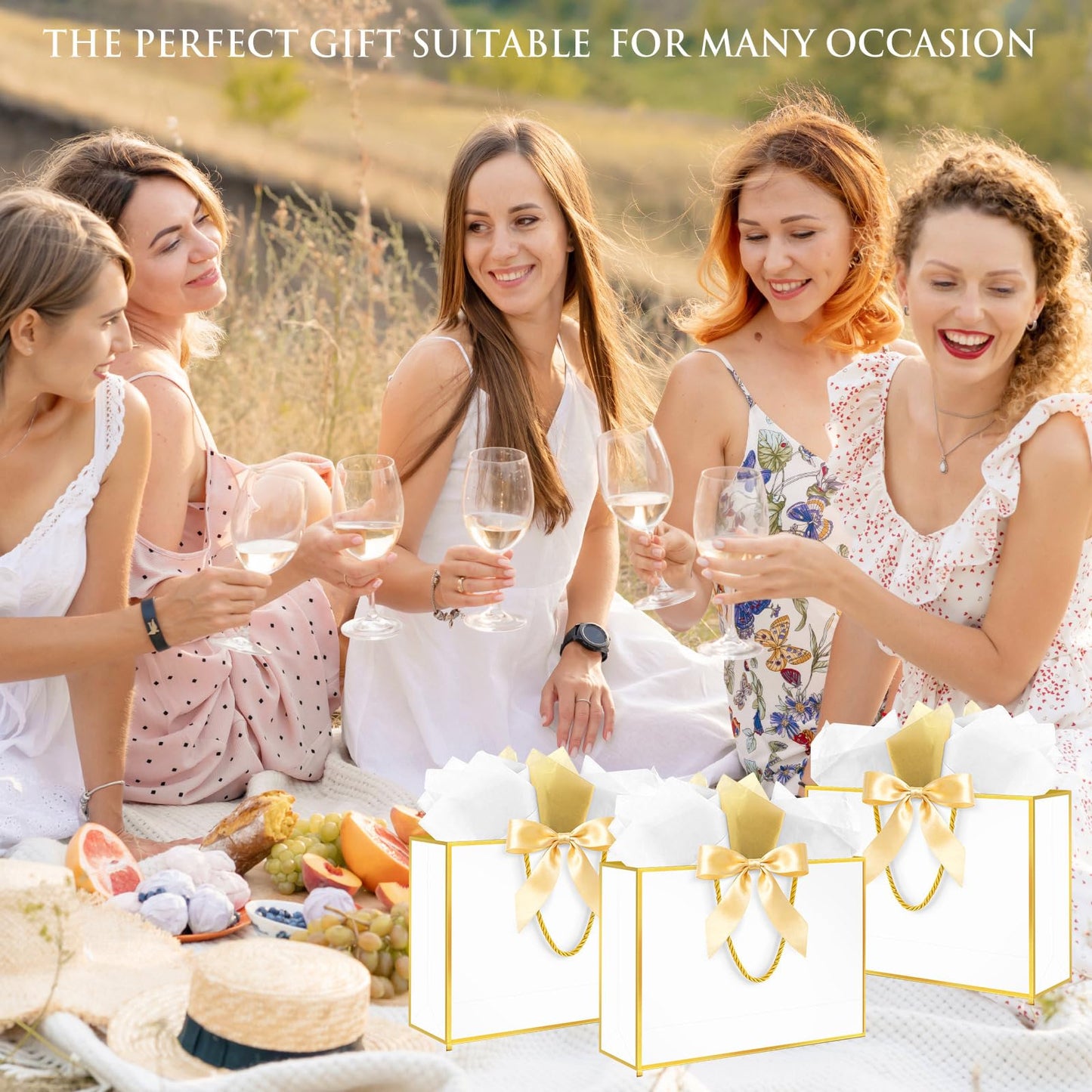 Ethhqu Fancy Large Gift Bags with Handles, 2 Pack 12.6x10x4 Inches - Includes Tissue Paper & Cards for Birthday, Baby Shower, Wedding, Anniversary, Easter, Mother's Day & Holiday Gifts (White and Gold)