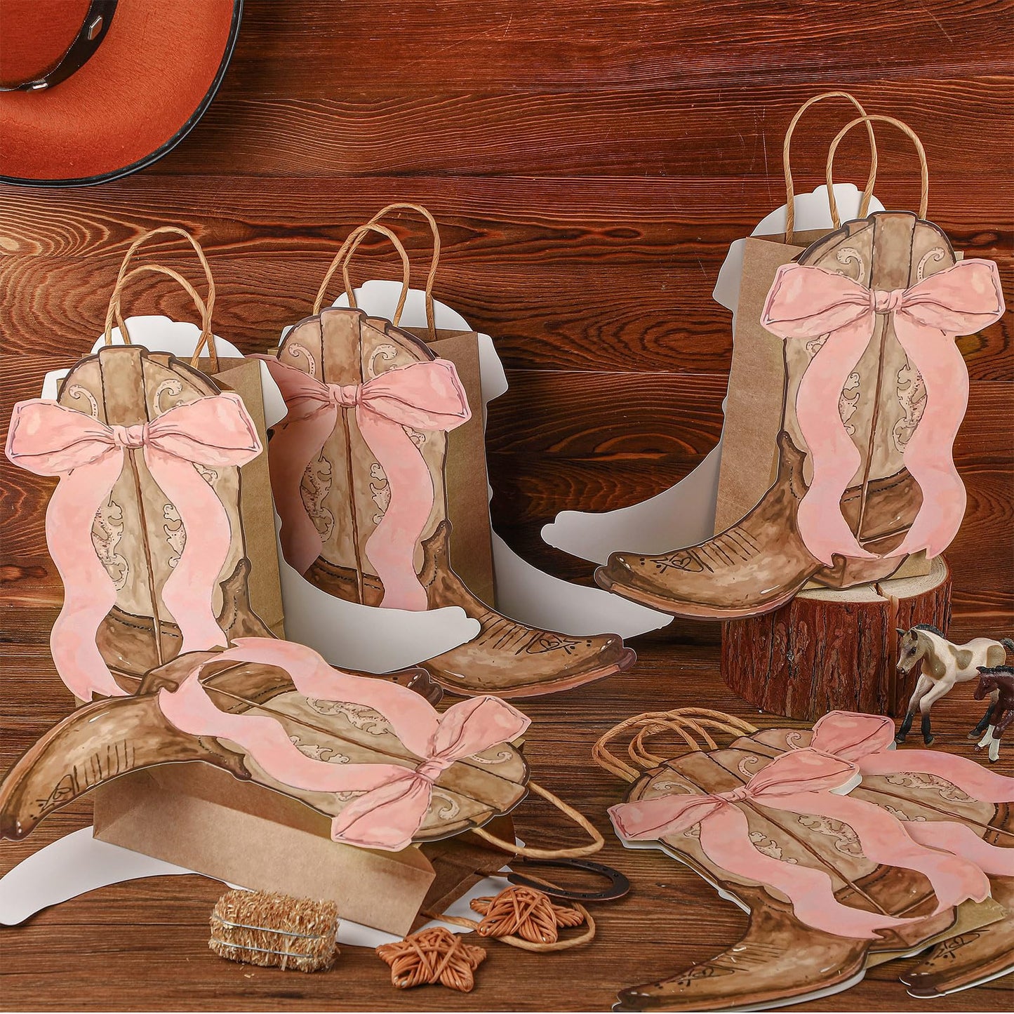 Sinload 12 Western Gift Bags Cowgirl Cowboy Boots Paper Bags with Pink Bow Handles Candy Goodie Treat Grocery Shopping for Cowgirl Party Supplies Birthday Western Party Favors (Brown Style)
