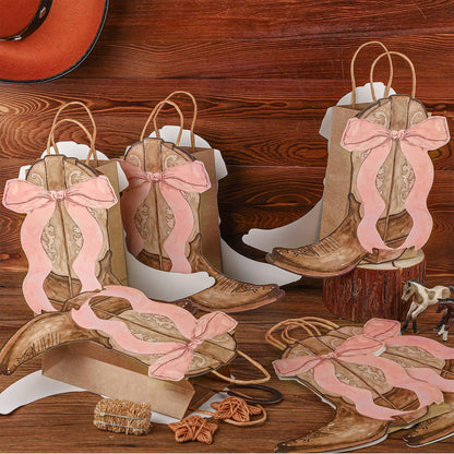 Sinload 12 Western Gift Bags Cowgirl Cowboy Boots Paper Bags with Pink Bow Handles Candy Goodie Treat Grocery Shopping for Cowgirl Party Supplies Birthday Western Party Favors (Brown Style)