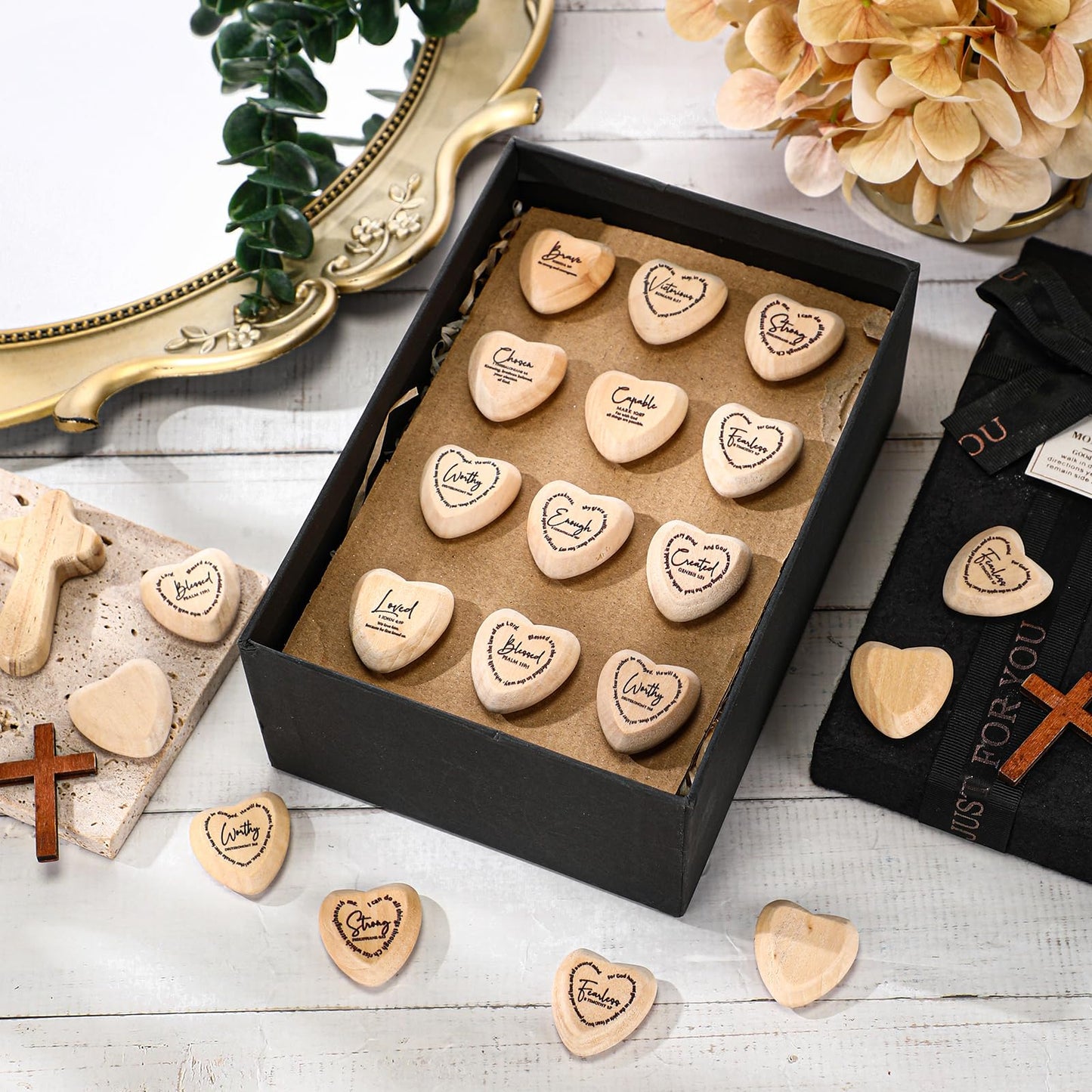 Geelin Christian Gift Religious Wooden Heart Tokens with Inspirational Bible Verses Pocket Hug for Father's Day Dad Women Men Friends Church Scripture Party Favor(Natural‌,72 Pcs)