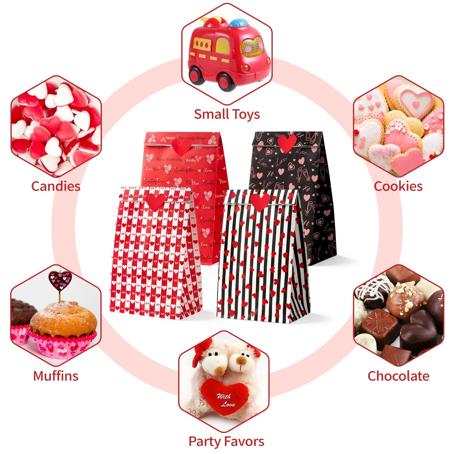 Jutieuo 24 PCS Valentine's Day Gift Bags with Heart Labels, Cute Black Red Valentine Paper Treat Bags Goodie Bag for Valentines Party Favors