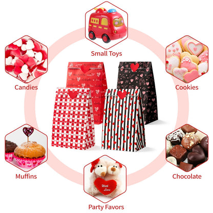 Jutieuo 24 PCS Valentine's Day Gift Bags with Heart Labels, Cute Black Red Valentine Paper Treat Bags Goodie Bag for Valentines Party Favors